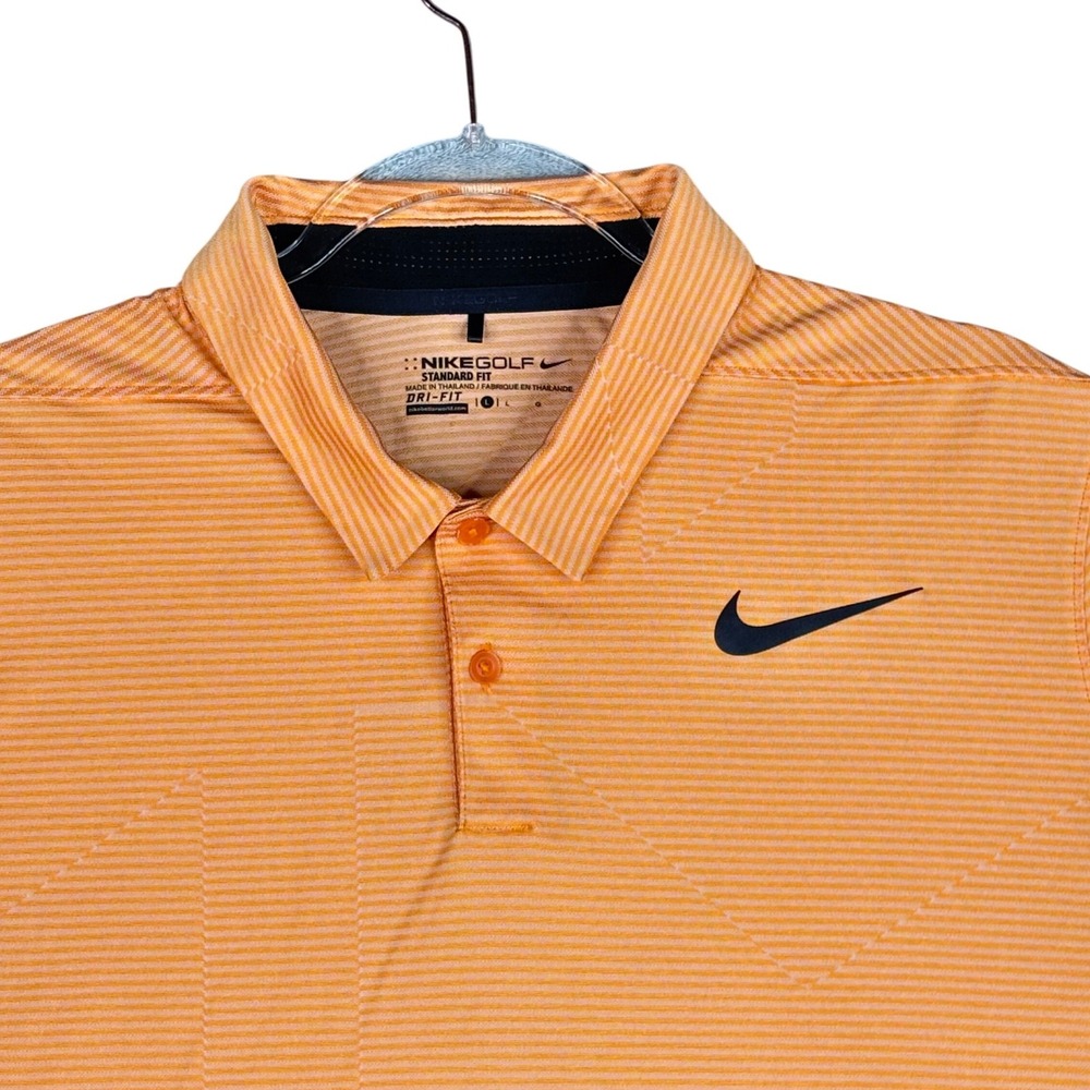 Nike Golf Dri-FIT‎ Mens Orange Striped Geometric Polo Shirt Large Standard Fit